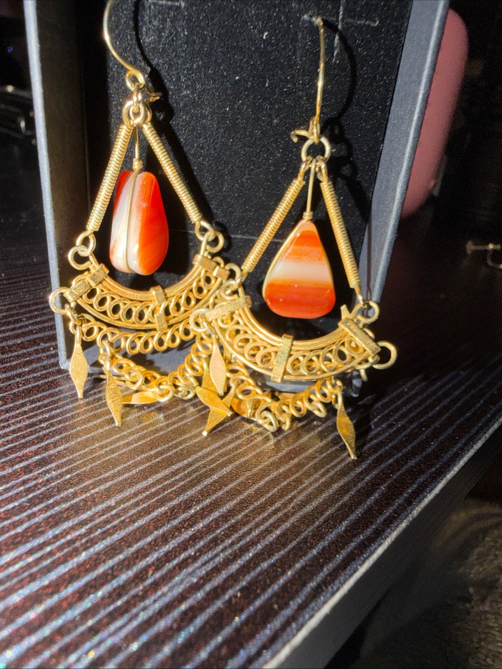Gold-Tone Filigree Drop Earrings with Orange Agate Accent